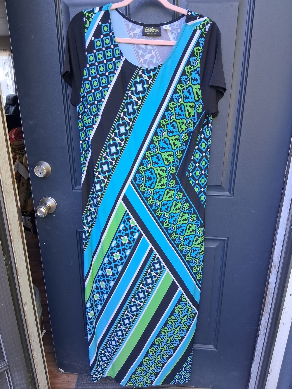 Bob Mackie Black, Blue & Green Geometric Maxi Dress